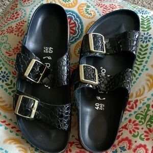 Papillio Black Croc-Embossed Double Buckle Sandals with Gold Buckles